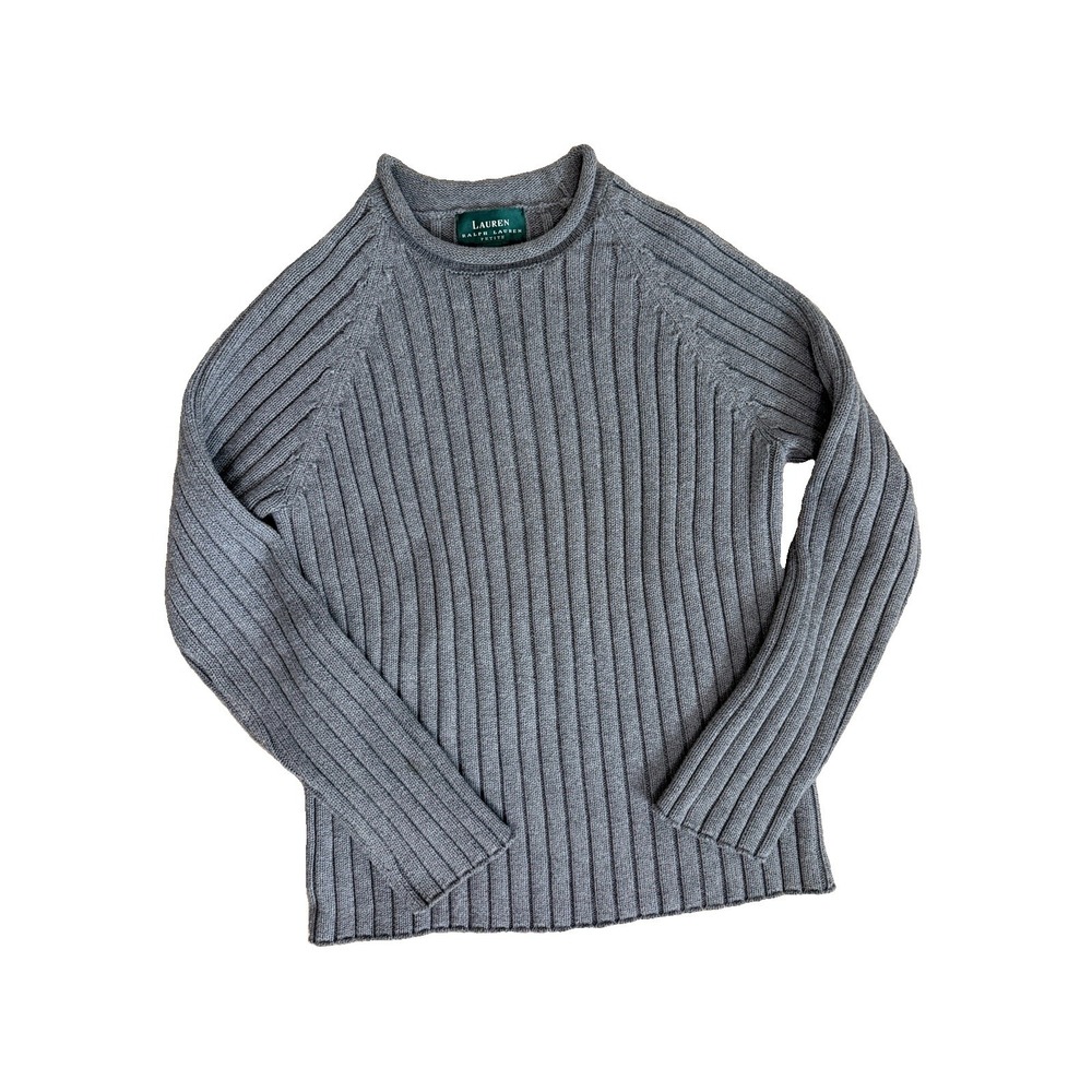 VTG Ralph Lauren Petite Chunky ribbed Mock Neck Cotton Sweater Gray